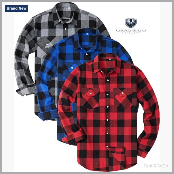 3 Pack Men's Flannel Shirts Long Sleeve Button Down Cotton Blend Regular Fit